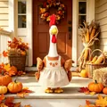 Autumn gardener outfit for porch goose statue featuring a pumpkin embroidered apron - 23 Inches / Thanksgiving Beige Suspender Turkey / Set