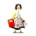 Porch goose garden statue outfit with back-to-school smock and yellow backpack - Back to School White Plaid Outfit Style