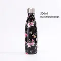 500ml isolierte doppelwandige Edelstahl-Wasserflasche mit schwarzem Blumenmuster - 500ml / Schwarze Blumen