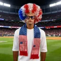 Detailansicht des US-Flaggen-Fan-Zubehör-Sets mit lockiger Perücke, Brille und Schal - USA Stil