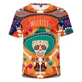 Gedetailleerde weergave van de 3D-suikerschedelprint voor het Dag van de Doden T-shirt. - XS / Tops / Oranje Suikerschedel Print
