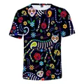 Gedetailleerd overzicht van 3D-geprint Dia de los Muertos suikerschedel katten skelet t-shirt - XS / Tops / Zwarte Schedel Bloemenprint