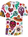 White t-shirt with vibrant Mexican Day of the Dead sugar skull and sombrero print - S / Tops / Pure White (Folk Art)