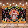 Vibrant Day of the Dead backdrop with sugar skull and guitar patterns for party decoration - Black Background Large Floral Pattern Skull (Style 13)