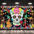 Festive Mexican Day of the Dead banner with vibrant sugar skull and floral patterns. - White Skull with Rose in Mouth and Musicians (Style 12)