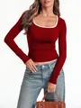 Slim fit square neck long sleeve ribbed top in burgundy with white contrast collar - S / Tops / Burgundy