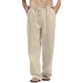 Detail view of comfortable men's beige loose fit linen trousers featuring a drawstring waist - S / Bottoms / Dark Khaki