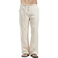 Detail of men's loose linen casual pants with drawstring waist and pockets in beige color - S / Bottoms / Khaki