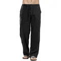 Vista detallada de pantalones informales de lino negro sueltos para hombre con cordón - S / Bottoms / Negro