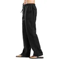 Side view of men's loose black linen trousers with comfortable drawstring waist. - S / Bottoms / Black