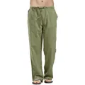 Detalle de pantalones de lino verdes de corte holgado con cordón y bolsillos - S / Bottoms / Verde