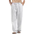 Primer plano de pantalón de lino blanco para hombre con cordón ajustable muy cómodo - S / Bottoms / Blanco