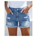Short en jean taille haute pour femme avec détails déchirés et ourlets retroussés - S / Bas / Bleu clair