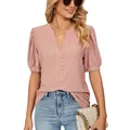 Elegant pink V-neck hollow out puff sleeve casual summer top for women - S / Tops / Dusty Pink