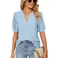 Elegant women's light blue V-neck eyelet puff sleeve T-shirt for casual summer outings - S / Tops / Sky Blue