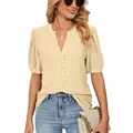 Stylish beige V-neck eyelet puff sleeve loose t-shirt for women summer casual fashion wear - S / Tops / Yellow