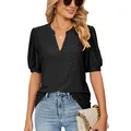 Top estivo nero casual con scollo a V, maniche a sbuffo e trama in pizzo traforato - S / Tops / Nero