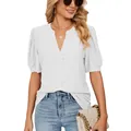 Elegante camicetta bianca con scollo a V, maniche a sbuffo e ricamo inglese estivo. - S / Tops / Bianco