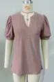 Elegant mauve V-neck summer top featuring intricate eyelet patterns and puff sleeves - S / Tops / Pink Purple