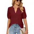 Maglietta casual da donna con scollo a V e maniche a sbuffo in rosso vino bordeaux - Borgogna / S