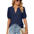 Elegante maglietta estiva da donna blu scuro con scollo a V e maniche a sbuffo traforate casual - Blu navy / S