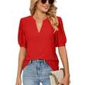 Casual red V-neck T-shirt with eyelet embroidery and puff sleeves for women. - Red / S