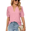 Elegant women's summer casual V-neck eyelet puff sleeve blouse top in soft pink color - S / Tops / Pink