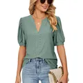 Women's sage green V-neck t-shirt featuring eyelet embroidery and stylish puff sleeves - S / Tops / Dark Green