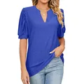 Elegant blue V-neck summer T-shirt featuring hollow lace patterns and bubble sleeves - S / Tops / Royal Blue