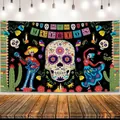 Day of the Dead tapestry banner with sugar skull, dancing skeletons and guitar player - Black Background Large Skull with Cactus Style (Style 11)