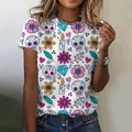 T-shirt bianca da donna con teschio di zucchero colorato e fiori Giorno dei Morti - XXS / Tops / Bianco Stampato