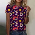 T-shirt viola casual da donna con stampa messicana di teschi colorati di zucchero - XXS / Tops / Viola