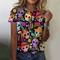 Colorful sugar skull Mexican T-shirt for women celebrating Day of the Dead festive - XXS / Tops / Deep purple