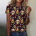 Women's Day of the Dead t-shirt with vibrant Mexican sugar skull and guitar pattern - XXS / Tops / Black Allover Print