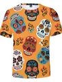 Mexican Day of the Dead T-shirt with 3D sugar skull pattern on orange background - XS / Tops / Orange All-over Skull Print