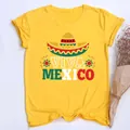 T-shirt casual gialla da donna con grafica Viva Mexico e stampa colorata sombrero - XS / Tops / Giallo