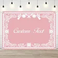 Detailed view of pink Mexican baptism backdrop with white lace floral pattern and custom text - Pink Mexican Lace Style (RD587) / 60x90cm