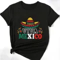 T-shirt nera casual girocollo con grafica colorata Viva Mexico e stampa a forma di sombrero - XS / Tops / Nero