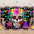 Day of the Dead party backdrop featuring large sugar skull and festive skeletons - Black Background Large Skull with Floral Style (Style 5)