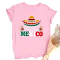 T-shirt rosa da donna con girocollo e stampa grafica Viva Mexico con sombrero - XS / Tops / Rosa