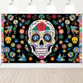 Large Day of the Dead Mexican party backdrop with colorful sugar skull and floral design - Black Background Skull with Hummingbird Decor (Style 6)