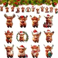 Set of Christmas highland cow wooden ornaments with Santa hats and festive decorations. - 8cm / Christmas Highland Cow E (12 Pcs)