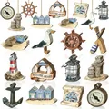 Nautische houten ornamenten collectie met vuurtoren, anker en meeuw - 8cm / Vers Nautisch Thema S (12 stuks)