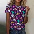Fun purple Mexican t-shirt featuring colorful sugar skull and Day of the Dead graphics - XXS / Tops / Deep purple