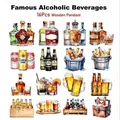 16pcs wooden pendants featuring famous alcoholic beverage illustrations for parties - 8cm / Famous Drinks Series D (16 Pcs)