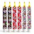 Primo piano di sei candele LED con vivaci motivi di teschi di zucchero per il Giorno dei Morti - Telecomando a 10 Tasti Flash Bianco Caldo (Pattern Misto 1) / Confezione da 2 (Altezza 16.5cm)