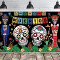 Day of the Dead banner backdrop with sugar skulls and skeletons for Mexican party decor - Colorful Bunting with Dressed Skulls Style (Style 15)