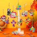 Vibrant Mexican Day of the Dead wooden hanging ornaments with cat and skull designs. - Single Piece Random (With Rope) / 1 Piece