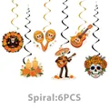 Set of 6 colorful Mexican Day of the Dead hanging swirls featuring skulls, guitars and candles - Swirl Decorations