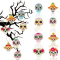 Collection of vibrant Day of the Dead sugar skull hanging ornaments for party decorations. - Style 1 / Set of 8
